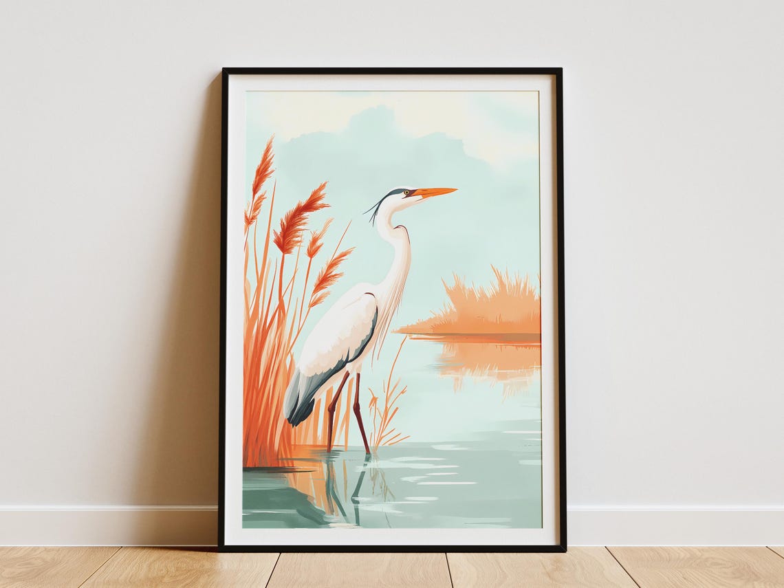 Great Blue Heron in a Marsh with Red Reeds Wetland Bird Poster