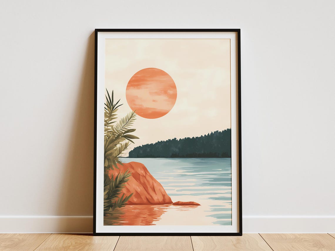Orange Sun Over Calm Lake Palm Branch Red Rock Minimalist Poster