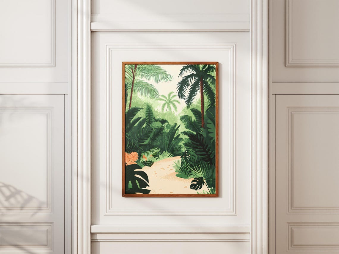 Lush Rainforest Path Palms Monstera Leaves Sandy Trail Poster - Image 2