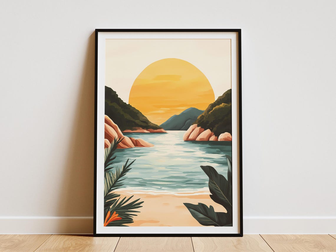 Golden Sunset Over Tropical Bay Beach Minimalist Coastal Poster