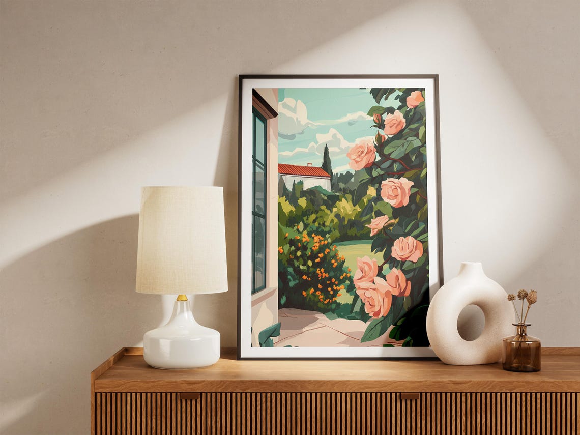 Mediterranean Garden with Climbing Pink Roses and Villa View Poster - Image 5