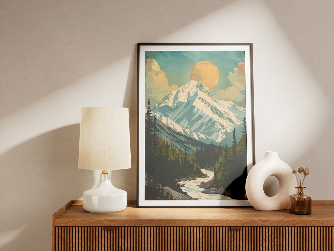 Denali National Park Snow Peak Moon River Vintage Travel Poster - Image 2