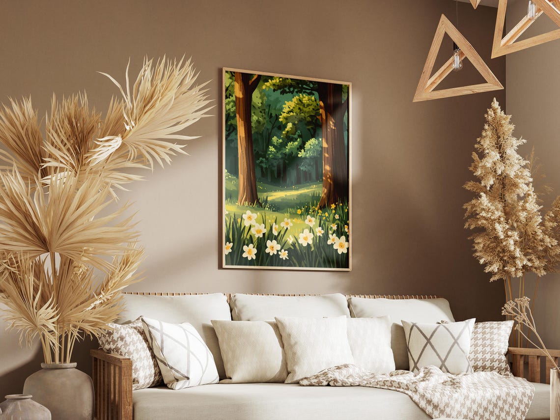 Sunlit Forest Glade With White Daffodils Poster Spring Trees - Image 3