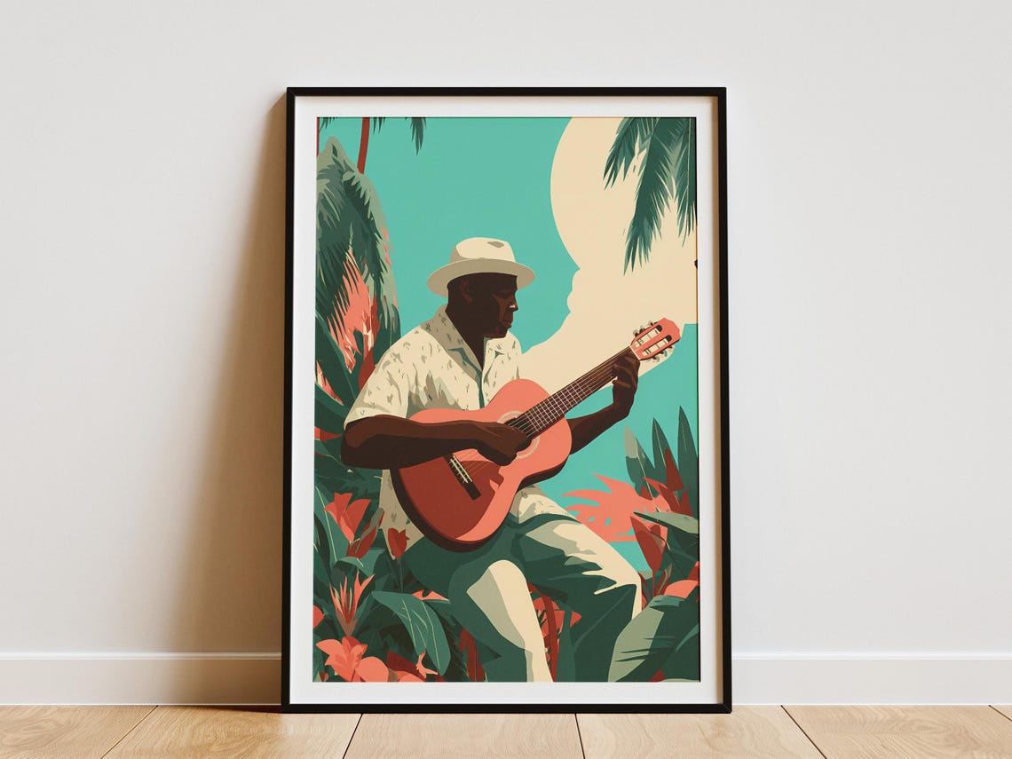 Island Guitar Player Among Palm Leaves Retro Tropical Music Art Poster
