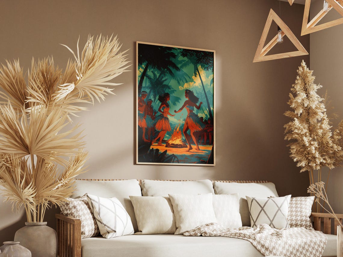 Hula Dancers Around Tiki Bonfire Night Tropical Island Luau Art Poster - Image 3