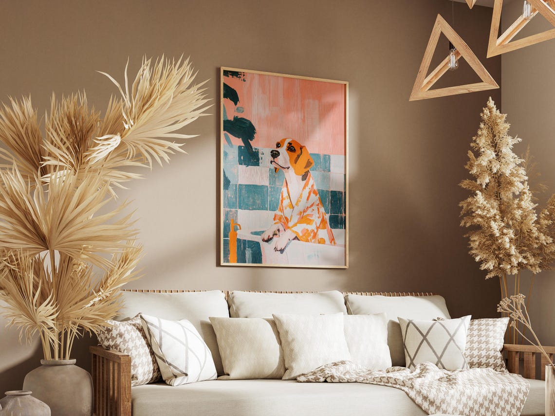 Beagle Dog Tying On a Bright Orange Patterned Bathrobe Poster - Image 3