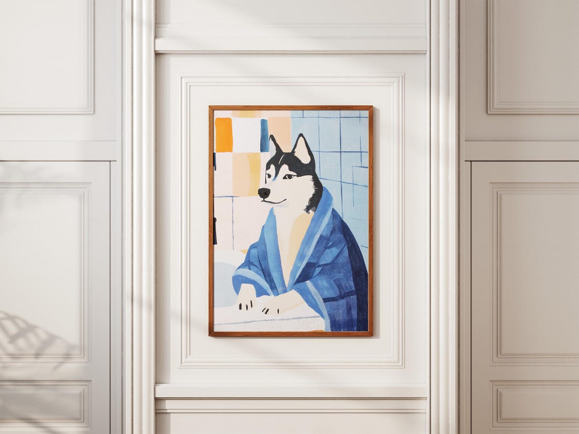 Husky Dog in Blue Bathrobe Matisse Style Modern Bathroom Art Poster - Image 2