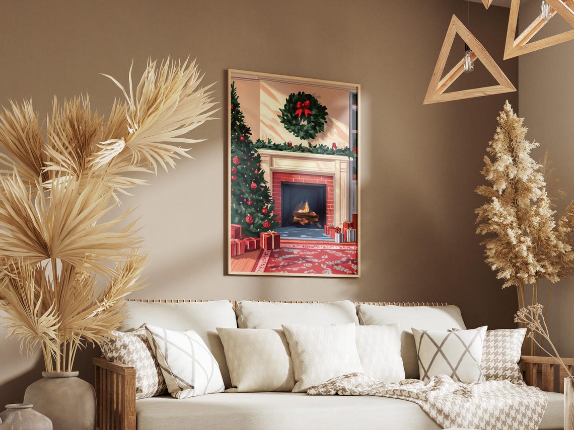 Cozy Christmas Fireplace Scene Poster with Tree Wreath and Gifts - Image 3