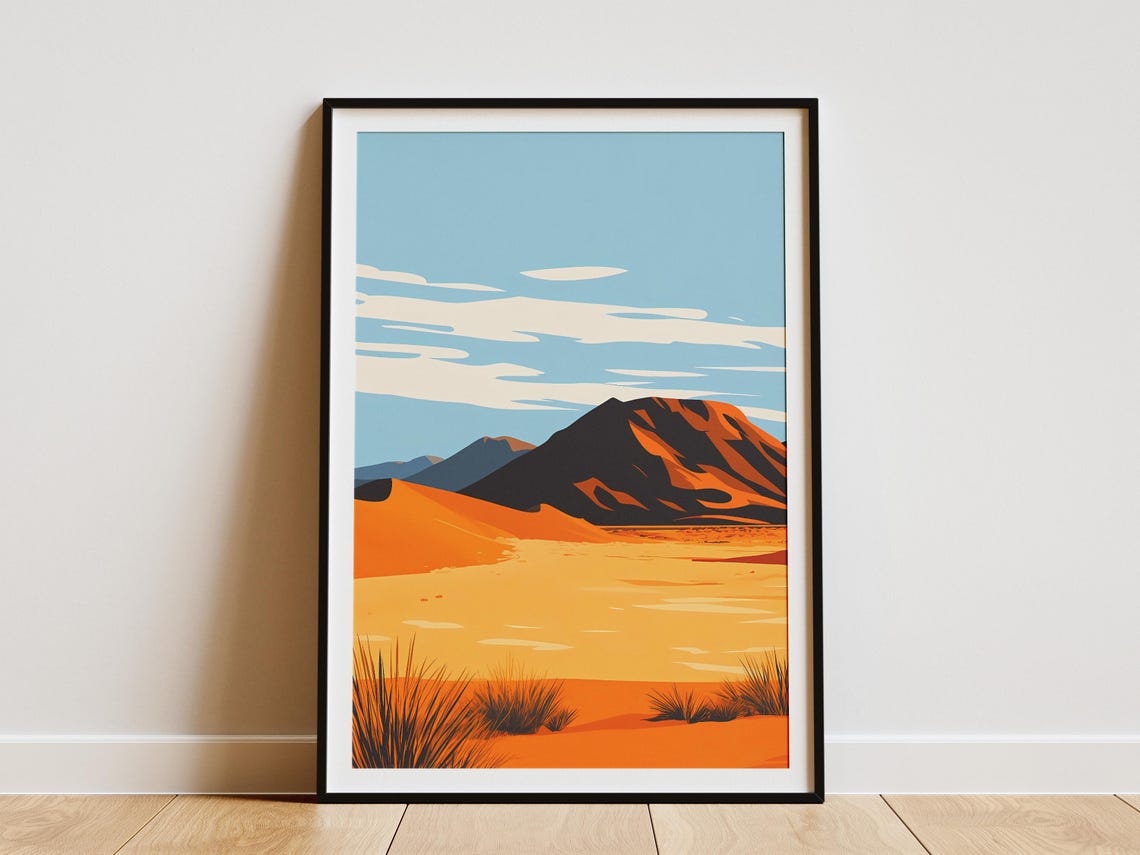 Namib Desert Sweeping Orange Dunes with Red Mountain Art Poster