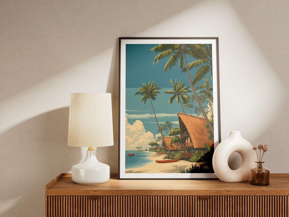 Vintage Hawaiian Beach Village Palm Trees Retro Travel Poster - Image 4