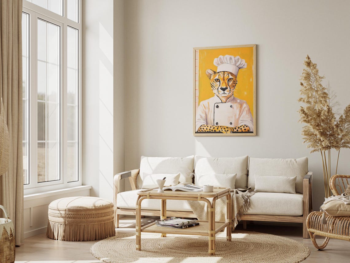 Regal Cheetah Chef In White Uniform On Bright Yellow Background Poster - Image 3