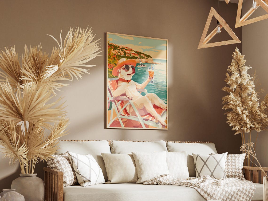 Happy Dog in Sunglasses With a Cocktail at a Seaside Town Poster - Image 3