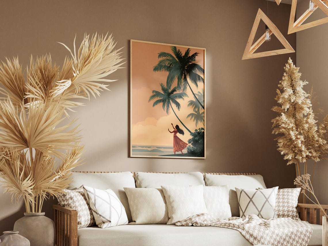 Hawaii Hula Dancer Under Palm Trees Tropical Beach Sunset Poster - Image 3