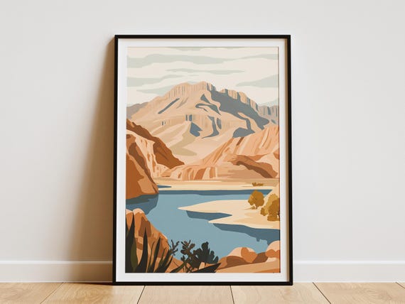 Iran Desert Landscape Poster Dashte Loot Nature Print Minimalist Flat Illustration Modern Art Beige And Blue Geometric Mountain Scene Home