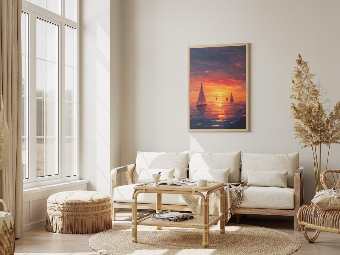 Sailboats Drifting at a Fiery Orange Sunset on Calm Water Poster - Image 4