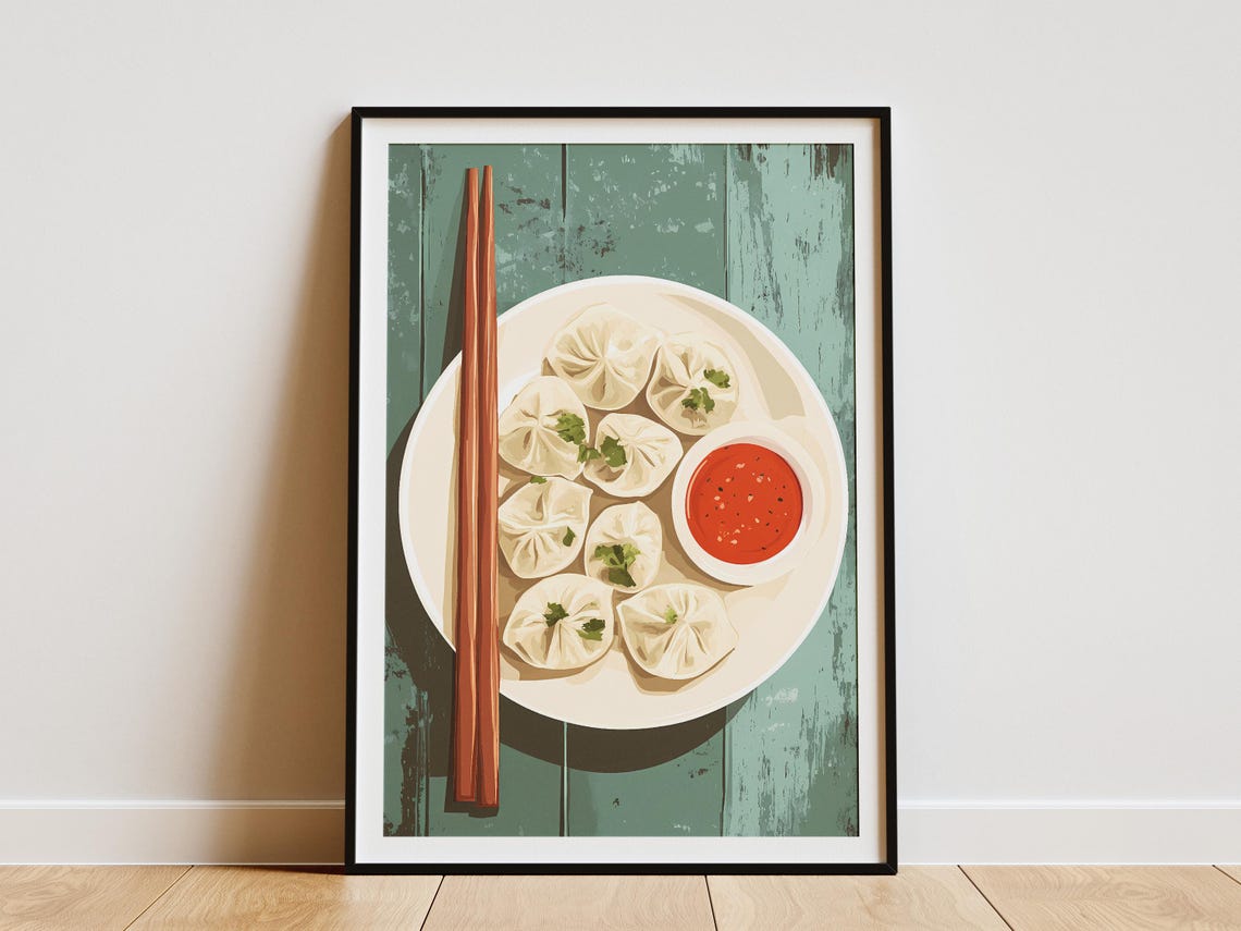 Steamed Dumplings Asian Food Flat Lay Kitchen Illustration Poster