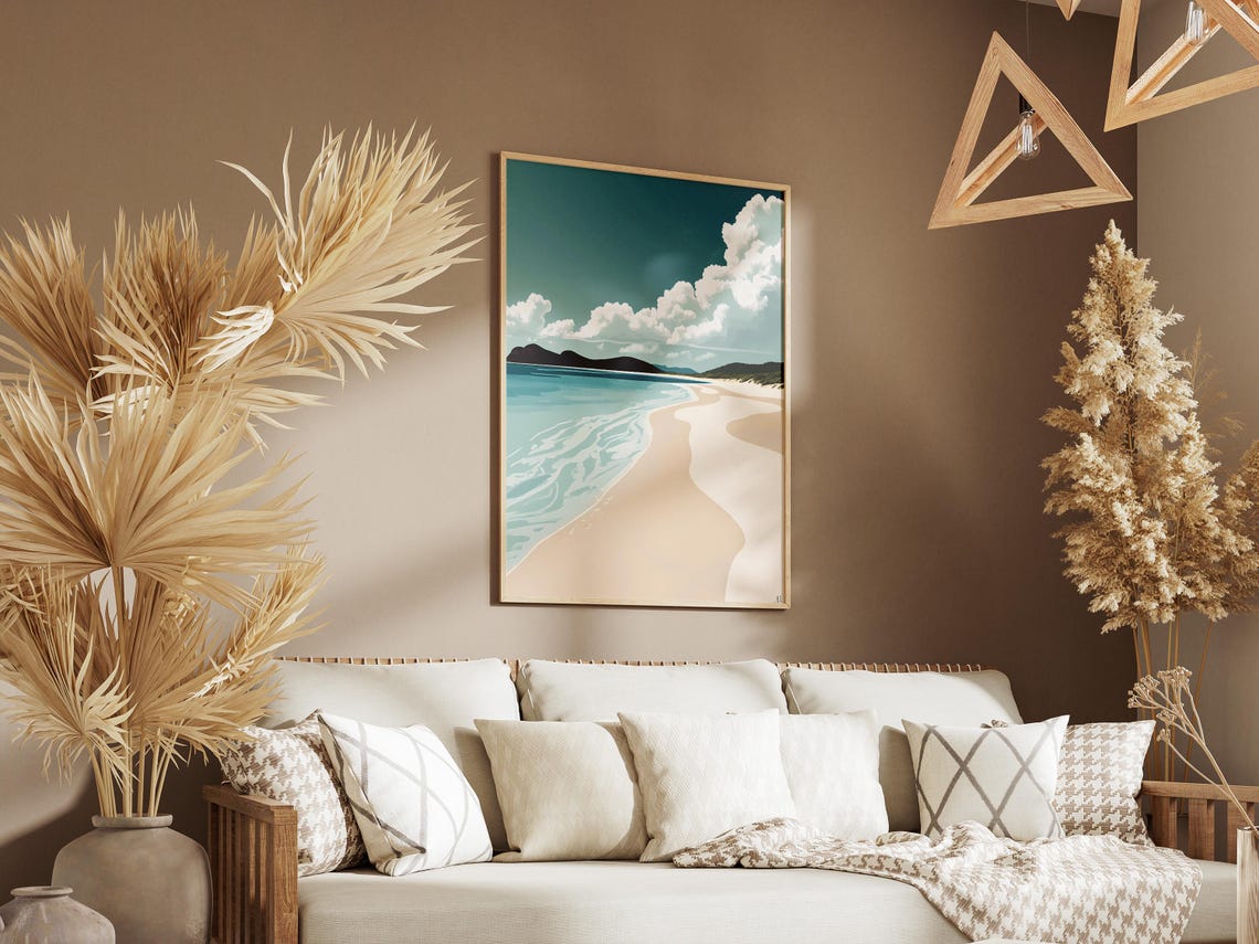 White Sand Beach with Billowing Clouds Coastal Art Poster Scenic - Image 3