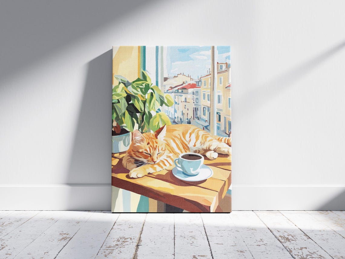 Orange Tabby Cat Napping on a Sunny Windowsill with Coffee Poster - Image 2