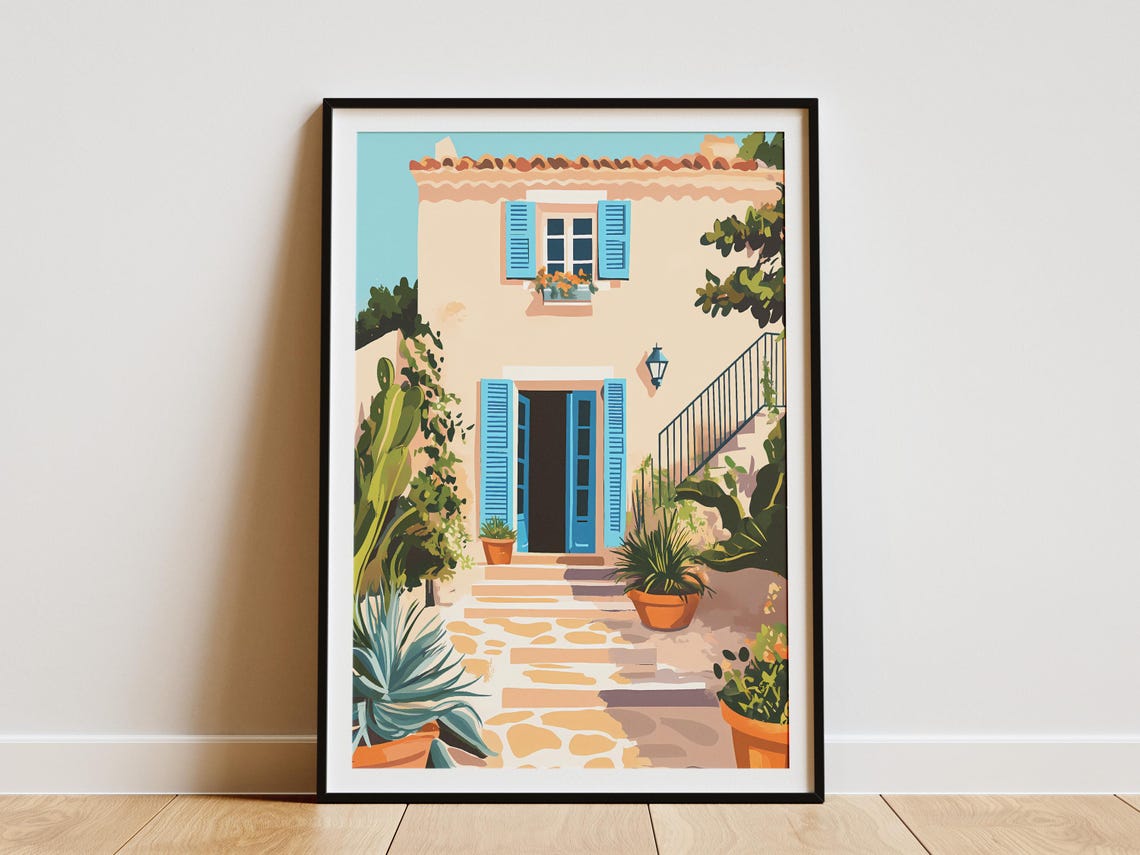 Sunny Mediterranean Villa with Blue Shutters Travel Art Poster
