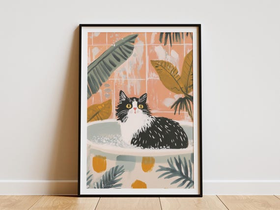 Norwegian Forest Cat Art Print, Whimsical Bathroom Decor