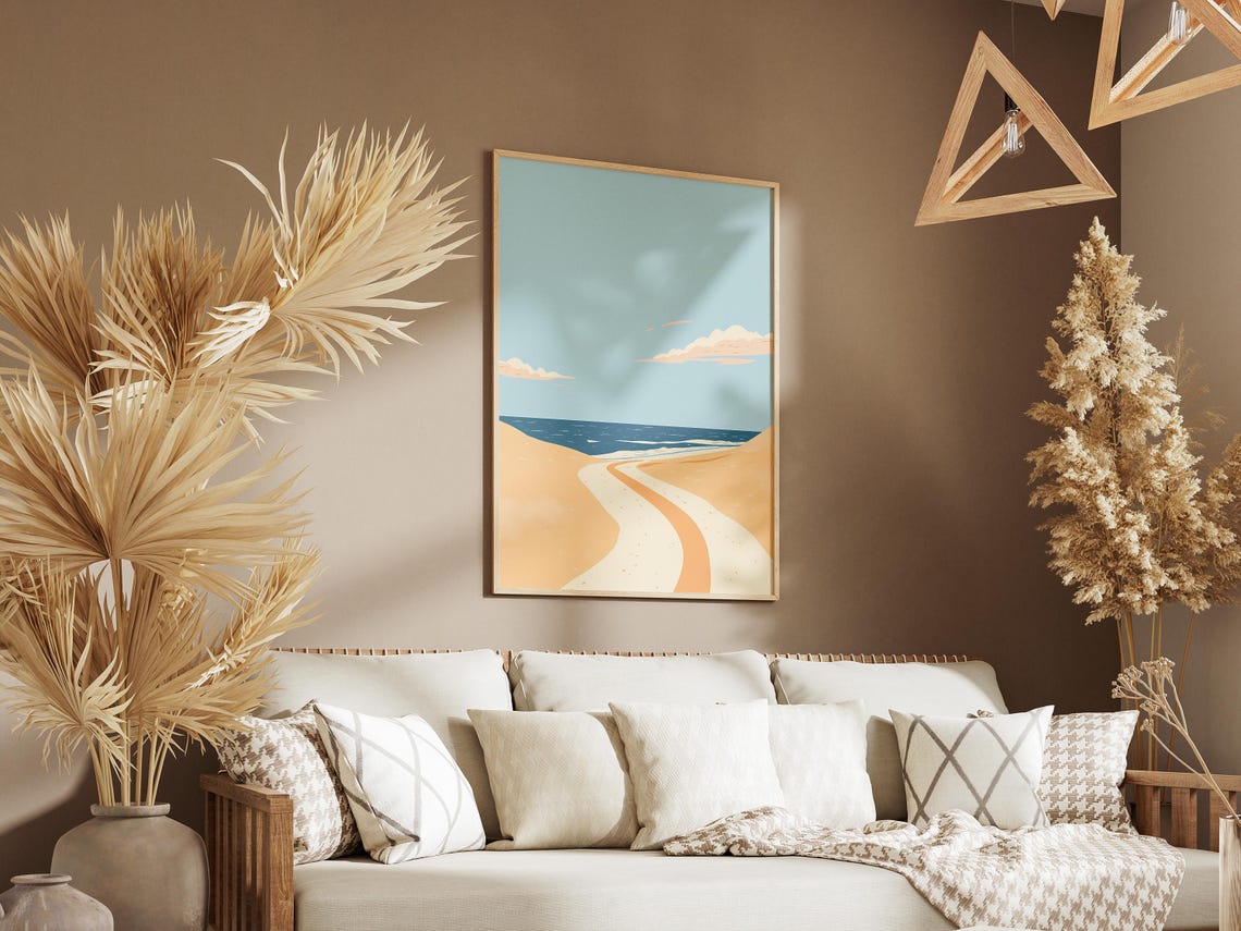 Sandy Path to the Sea Minimalist Beach Poster in Peach and Blue - Image 3