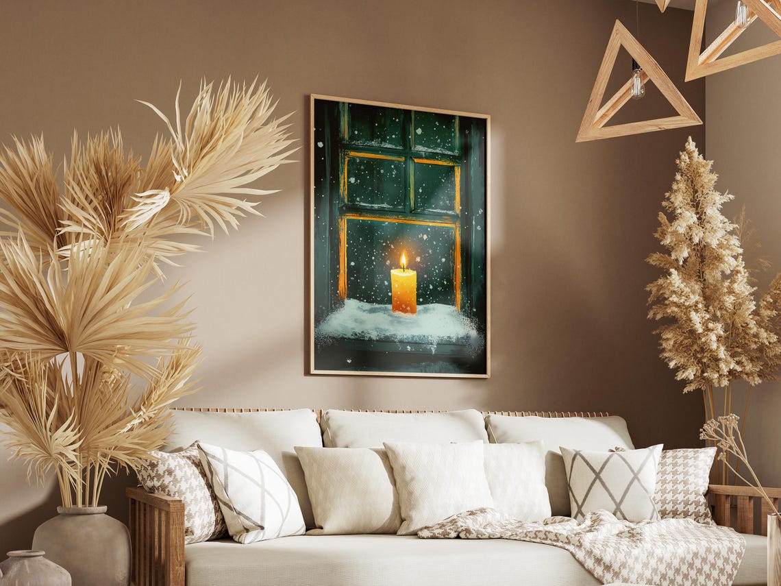 Lit Candle on a Snowy Windowsill in a Dark Teal Window Poster - Image 3