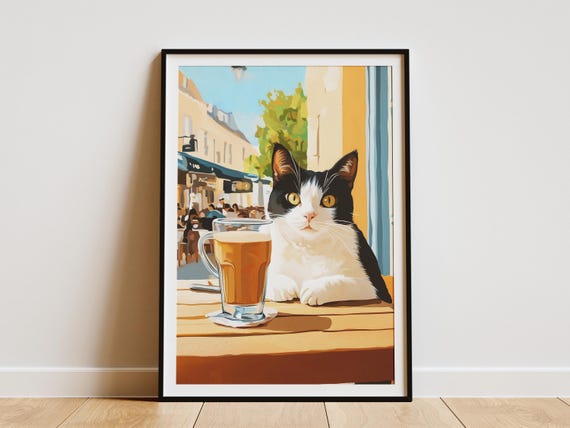 Munchkin Cat Art Print Cozy Cafe Poster Henri Matisse Style Coffee Lover Gift Whimsical Wall Decor Cute Pet Home