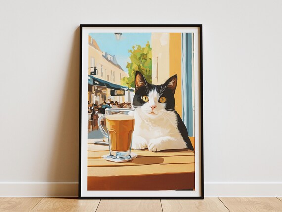 Tuxedo Cat at a Cafe Table with Tall Iced Drink Street Poster