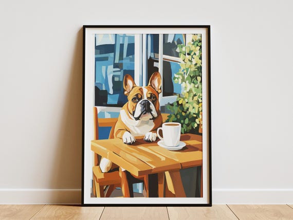 Bulldog Cafe Poster Drinking Coffee Wall Art Dog Lover Gift Matisse Style Print Cozy Home Decor Animal Pet Portrait