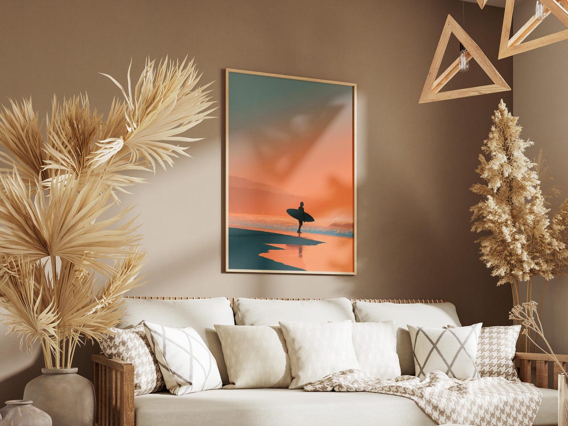 Surfer Silhouette Walking At Sunset On A Peaceful Beach Poster - Image 3