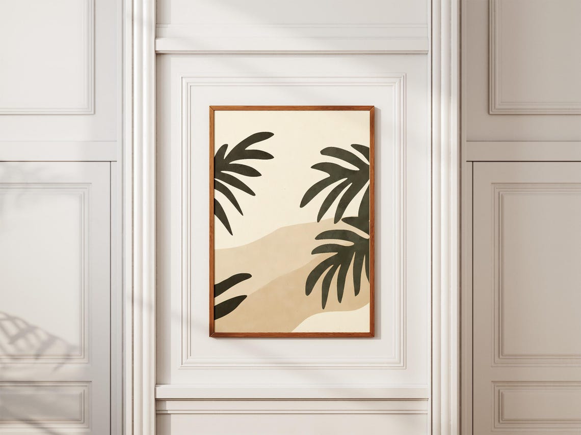 Abstract Palm Fronds Beach Poster in Dark Green and Beige Tones - Image 2
