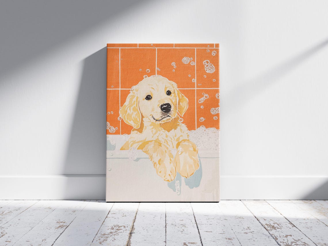 Golden Retriever Puppy Bubble Bath Orange Tile Doodle Art Poster - Image 2