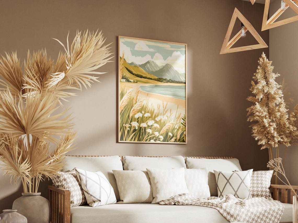 Windswept Coastal Dune Grasses Overlooking A Sunny Mountain Bay Poster - Image 3