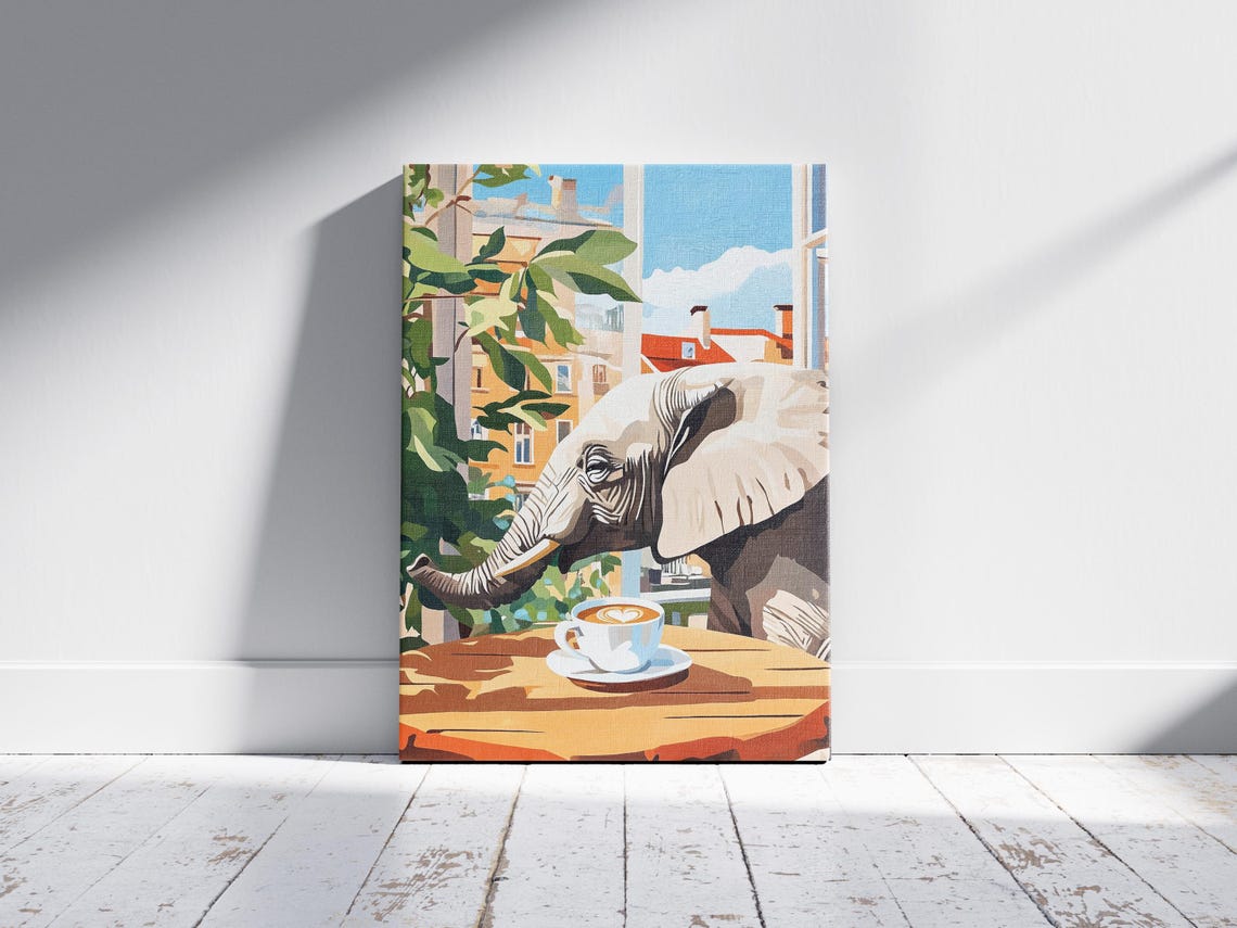 Elephant Leaning Over Coffee Cup at Sunny Cafe Window Poster - Image 2