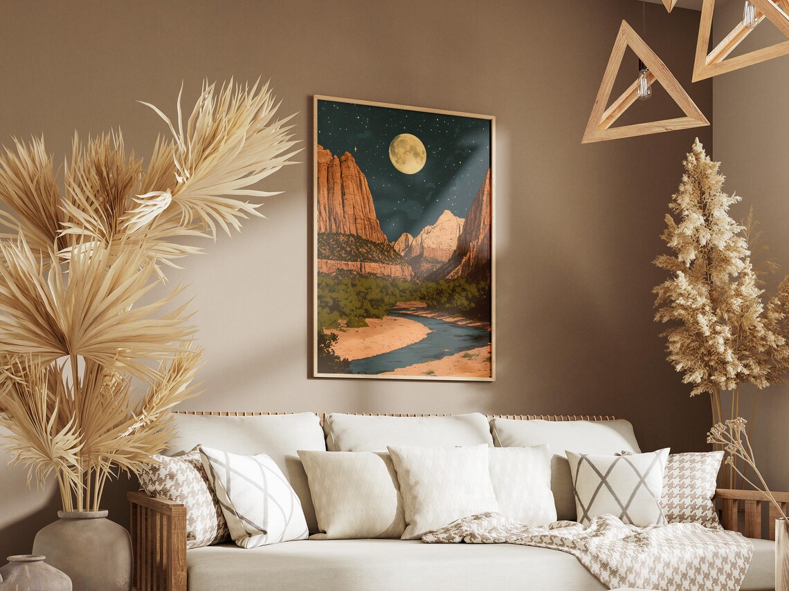 Zion National Park Utah Moonlit Desert Canyon River Starry Night Poster - Image 3