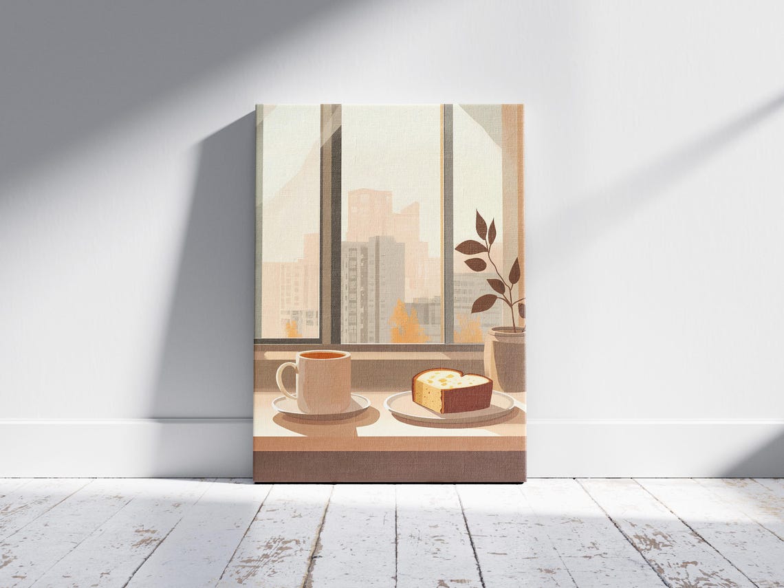 Coffee and Cake on a Windowsill Overlooking the City Skyline Poster - Image 2