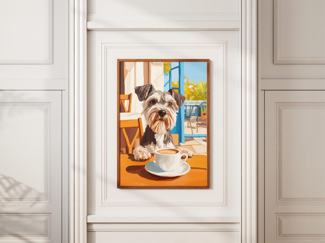 Bearded Miniature Schnauzer with Coffee at Sunlit Cafe Table Poster - Image 2