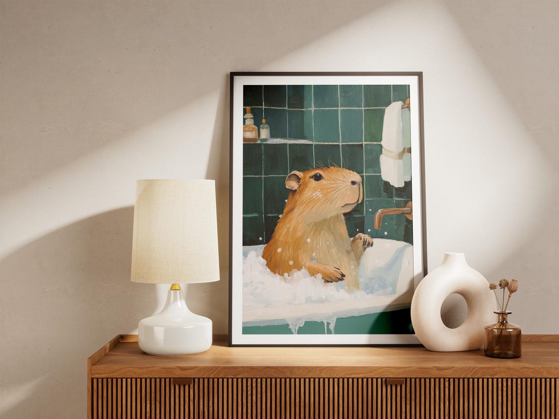 Capybara Bubble Bath Dark Green Bathroom Funny Animal Poster - Image 5