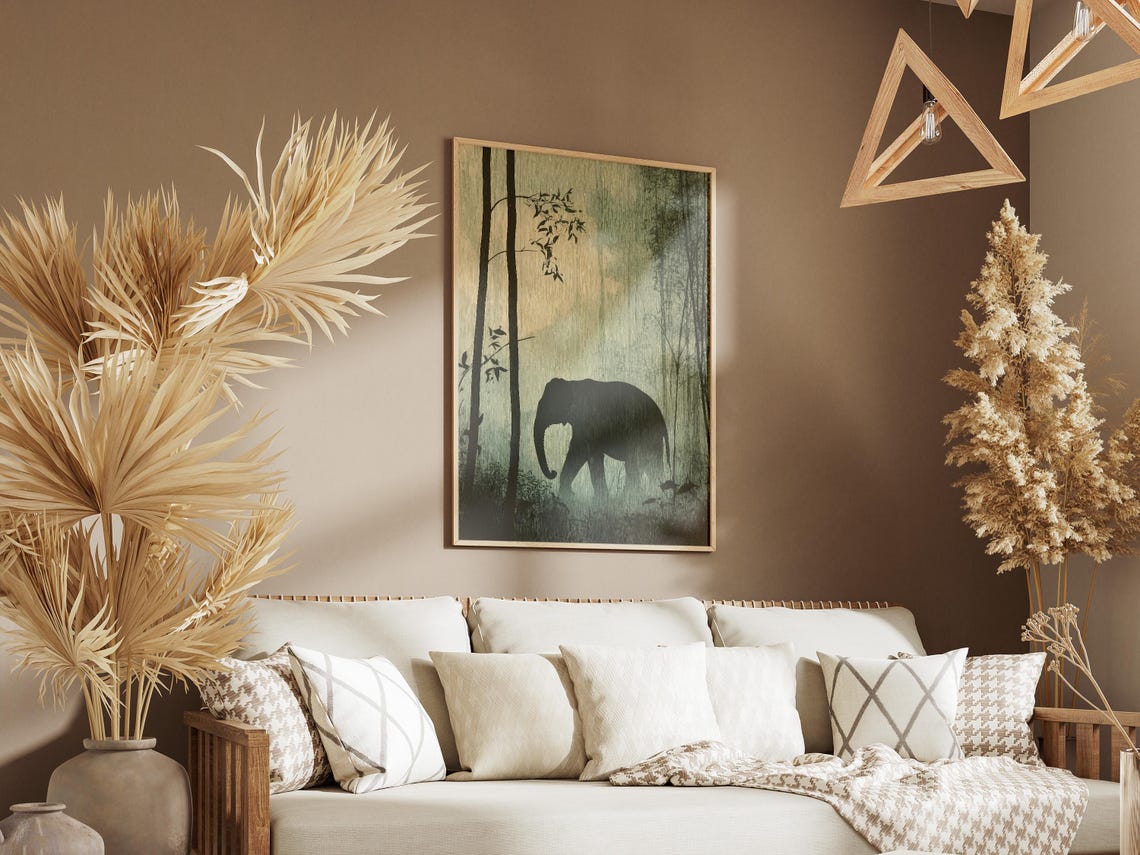 Elephant In Foggy Forest Art Print Moody Nature Poster Silhouette Elephant Artwork Atmospheric Animal Print Forest Decor Wall Art - Image 3