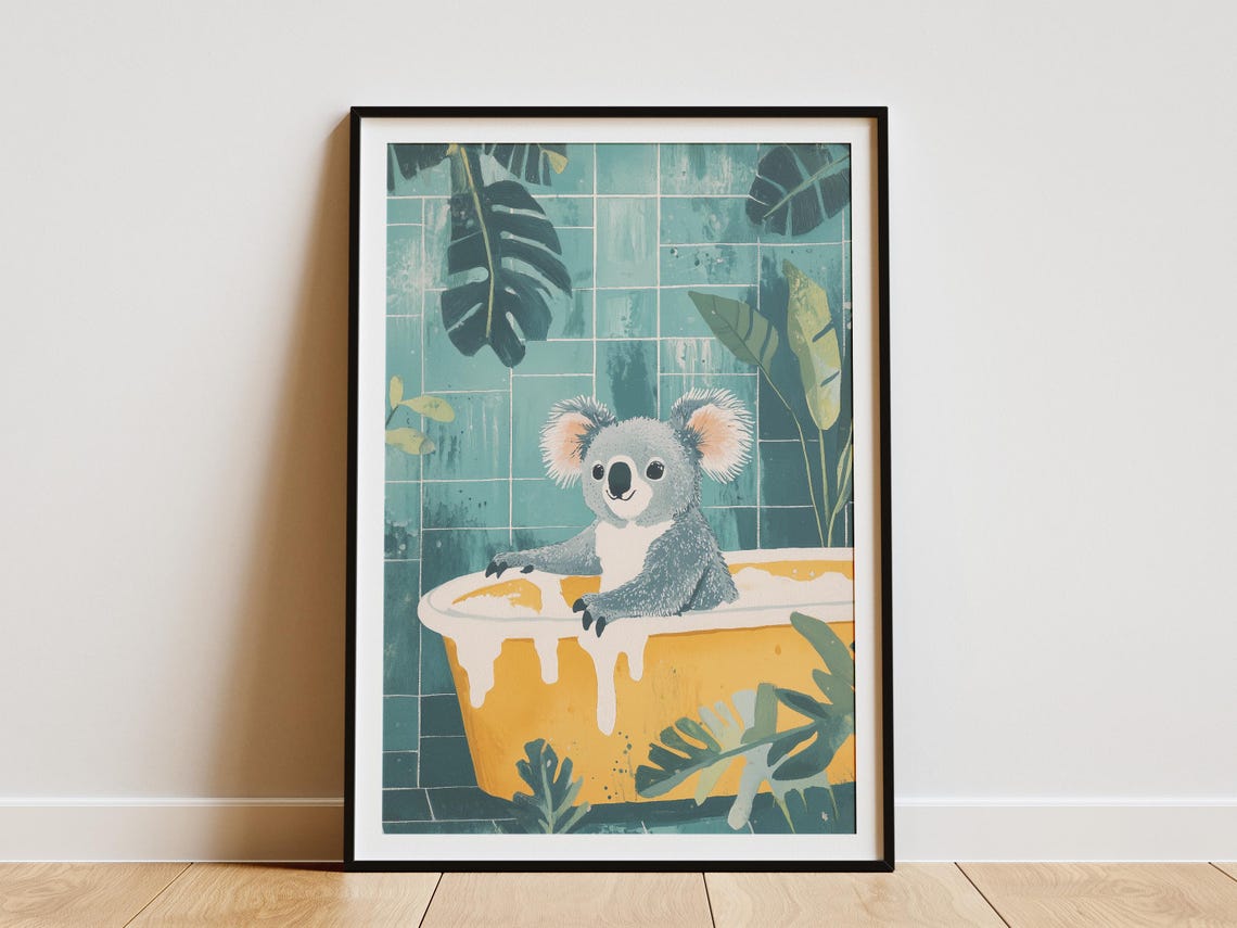 Cute Koala Soaking In Yellow Bubble Bath Tropical Bathroom Poster
