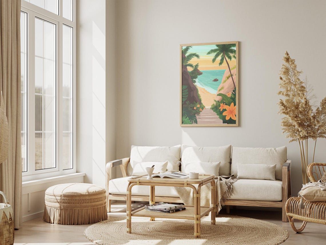 Tropical Beach Stairway Between Palms and Orange Flowers Poster - Image 4