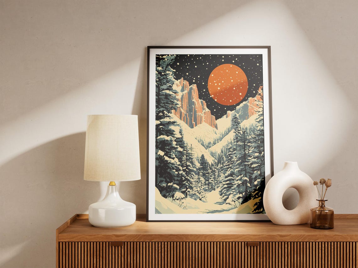 Snowy Canyon Under Orange Moon Winter Night Landscape Art Poster - Image 4