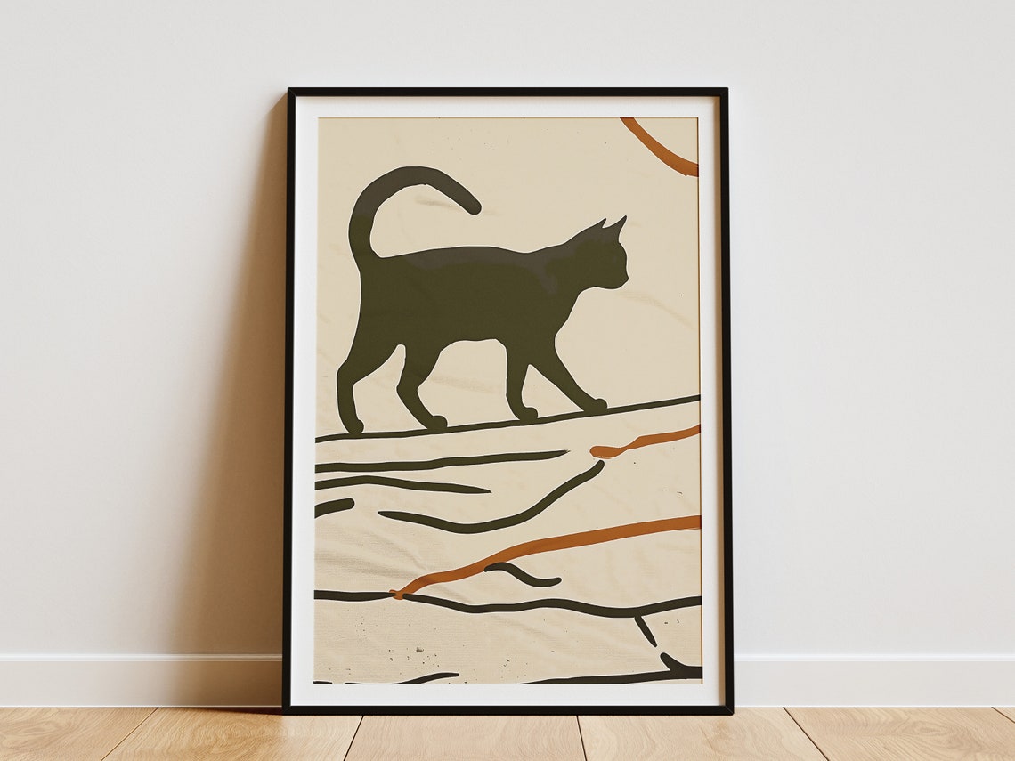 Black Cat Silhouette Walking Minimalist Abstract Modern Art Print