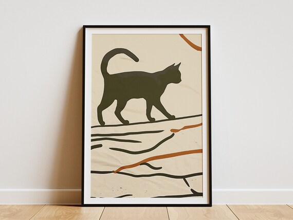 Black Cat Silhouette Walking Minimalist Abstract Modern Art Print