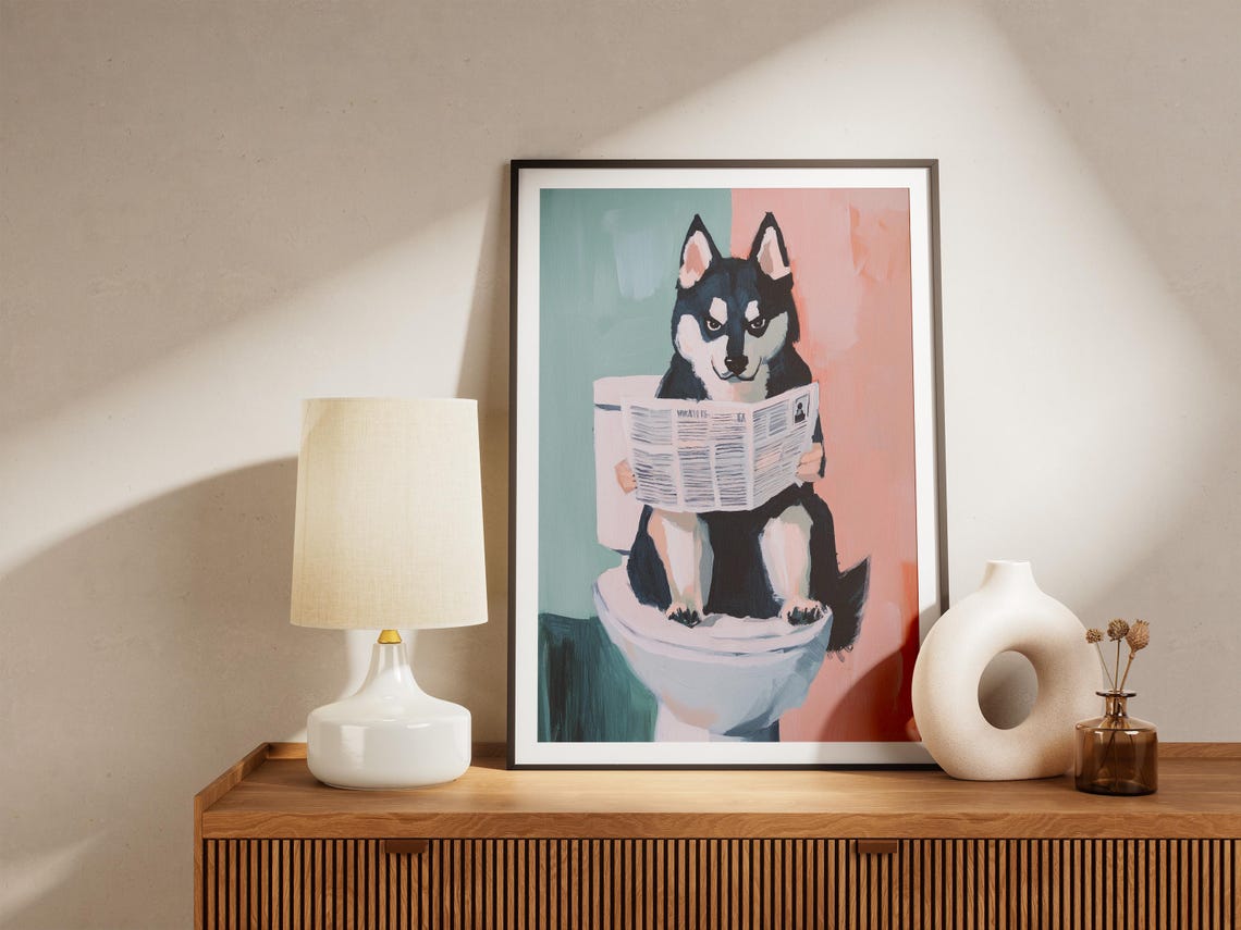 Funny Husky Dog Reading Newspaper On Toilet Cute Husky Poster - Image 5