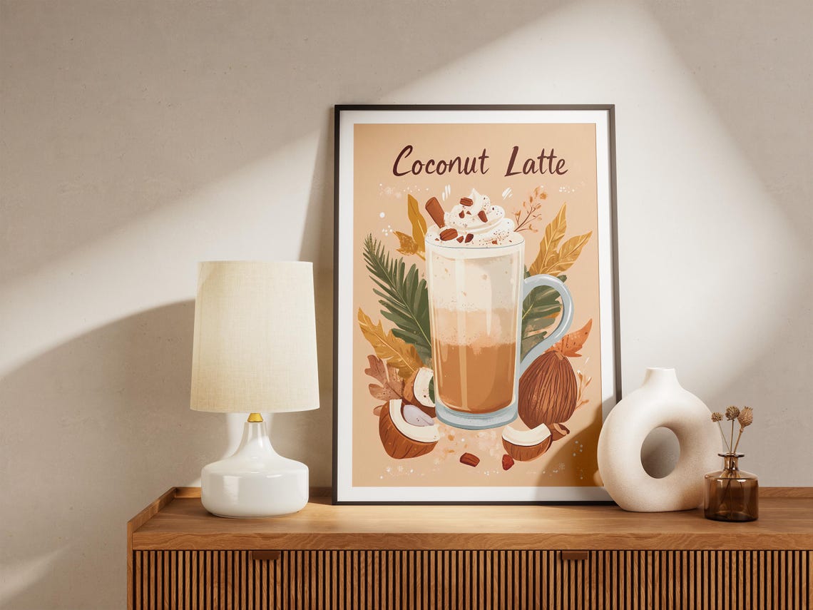 Coconut Latte Tropical Coffee Drink Whipped Cream Illustration Poster - Image 5