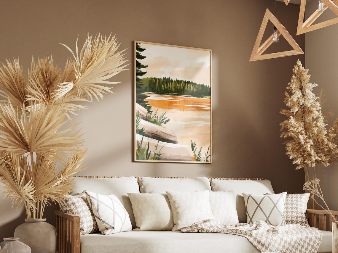 Warm Golden Hour Lake With A Rocky Pine Shore Landscape Poster - Image 3