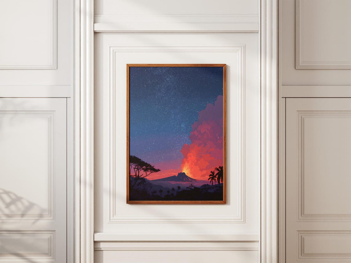 Dramatic Erupting Volcano Starry Night Sky Tropical Landscape Poster - Image 2
