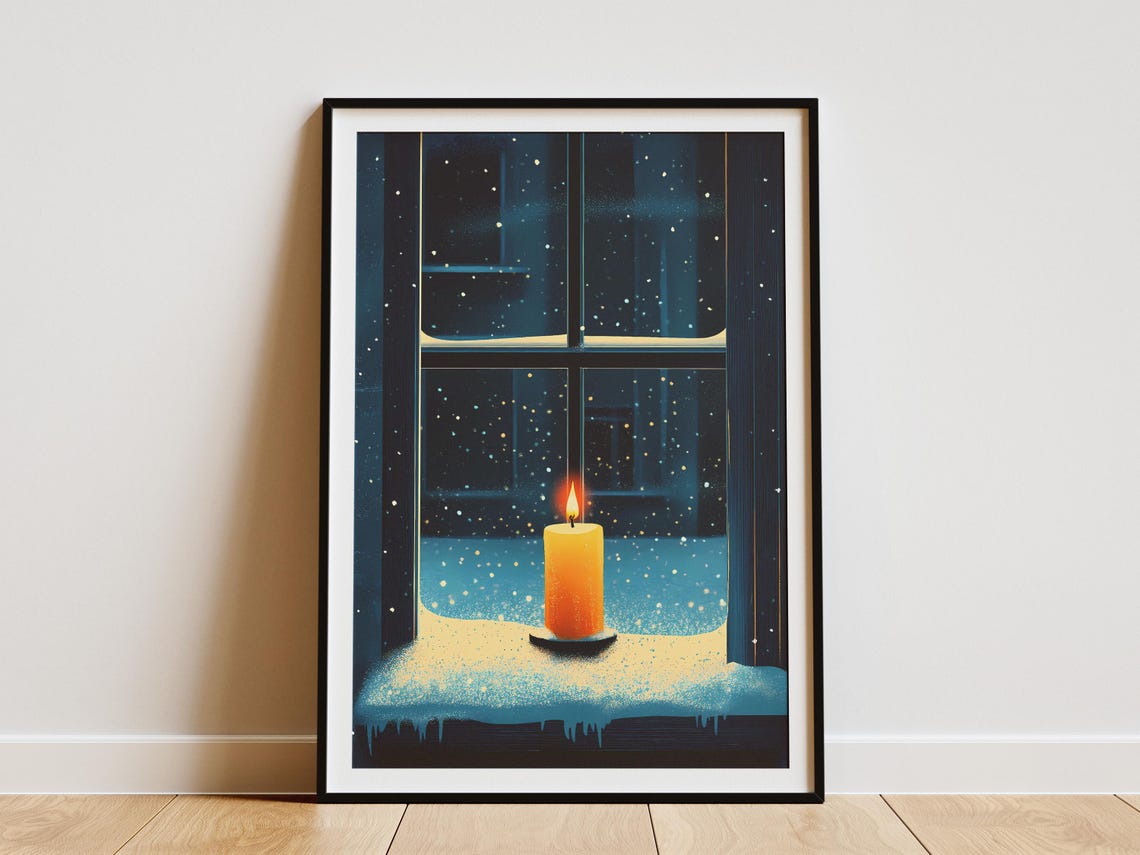 Glowing Candle on a Snowy Night Windowsill in Navy Blue Poster