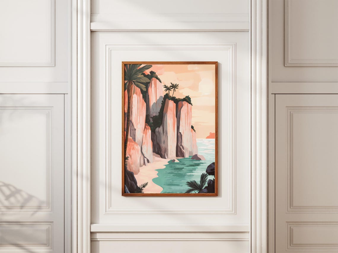 Pink Cliffs And Palm Cove With Turquoise Sea Tropical Poster - Image 2